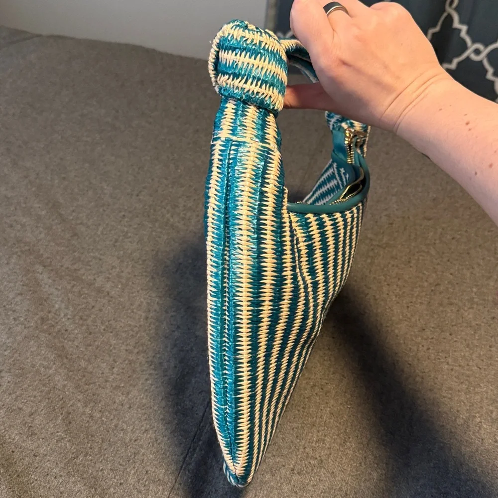 Melie Bianco Teal and White Woven Hobo Bag